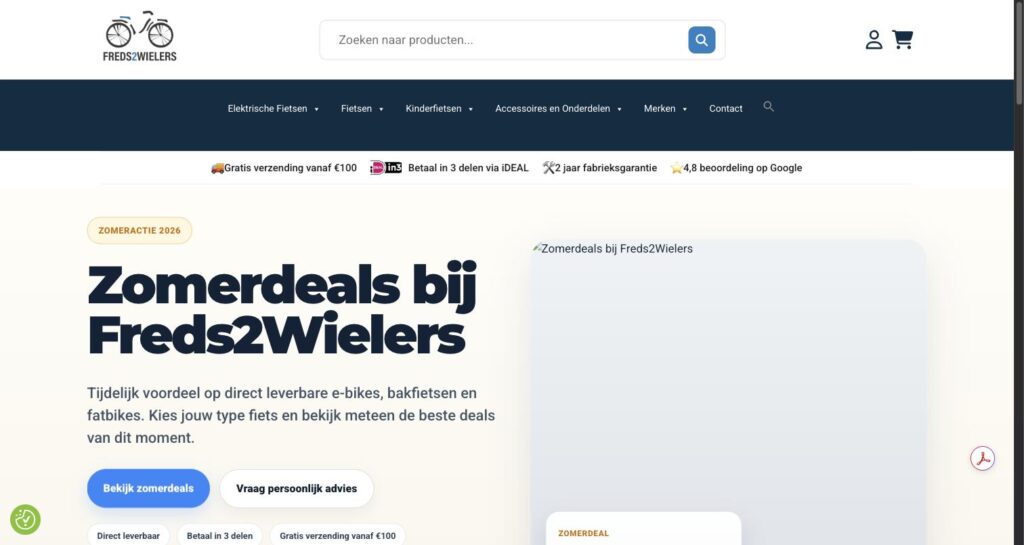 Webshop van Freds2Wielers voor fietsen en e-bikes, gebouwd door BWS Digitaal