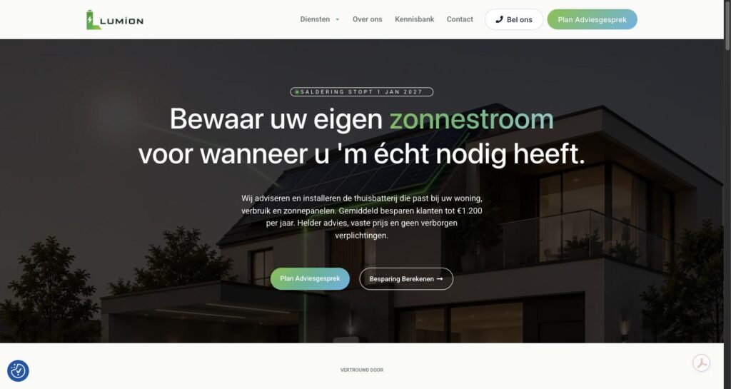 Website van Lumion Energy voor thuisbatterijen, gebouwd door BWS Digitaal